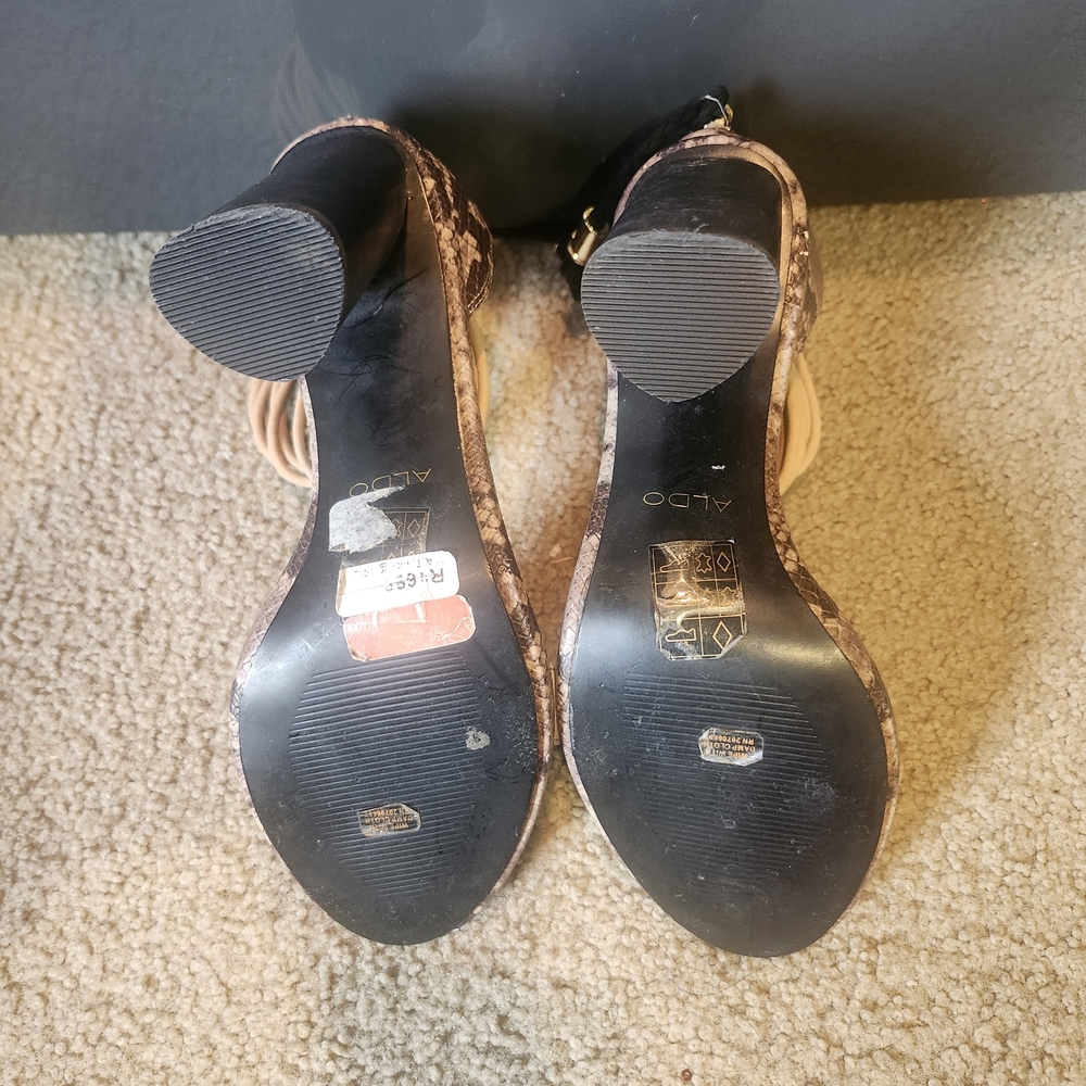 Aldo Beige Fringe Snake-Print Block Heel Sandals - Picture 3 of 5